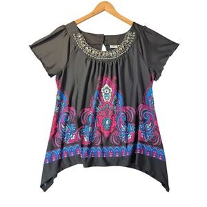 Cato Womens Embellished Paisley Handkerchief Hem Blouse L‎ Black Pink Blue Boho